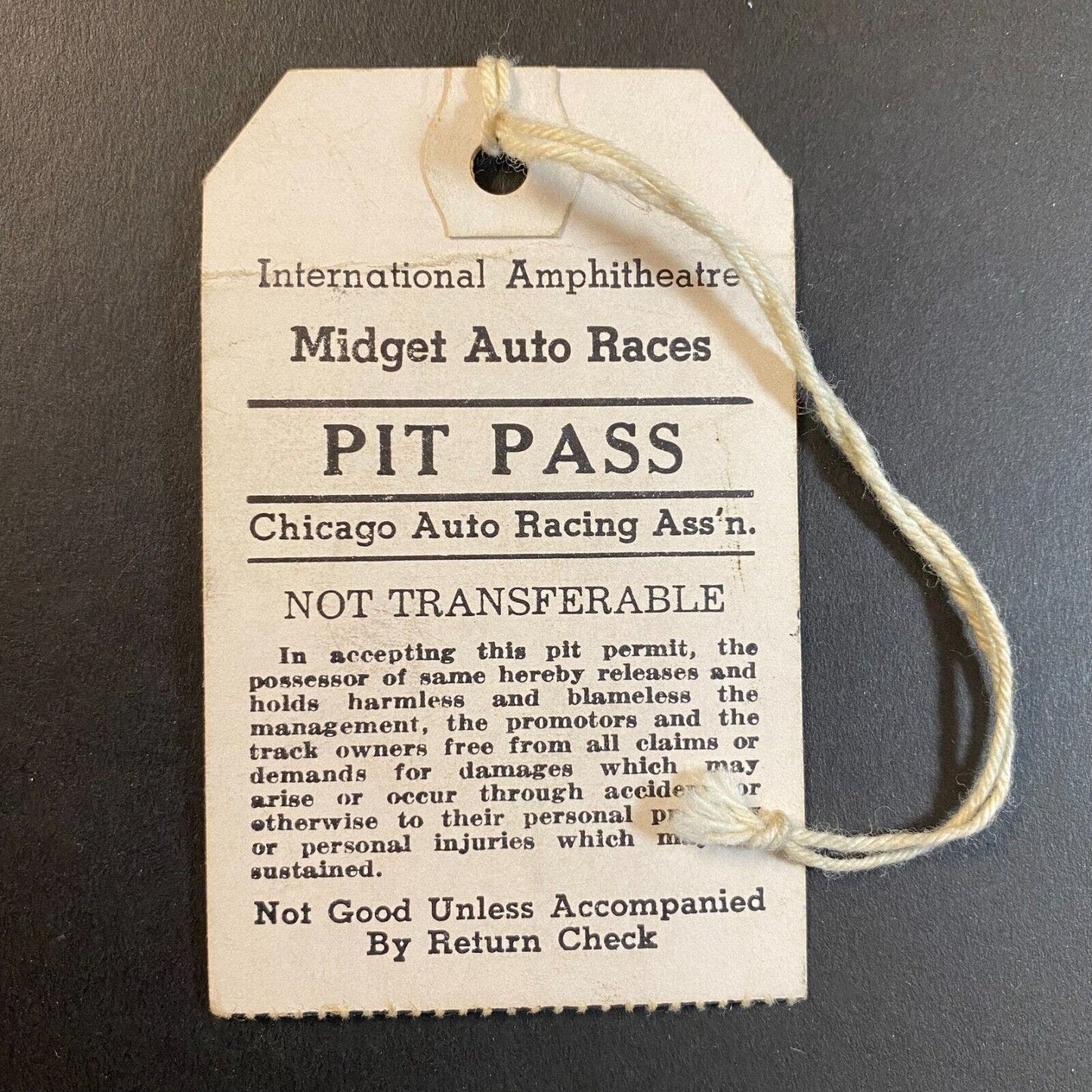 Chicago Auto Racing International Amphitheatre Midget Pit Pass Stub c1940's