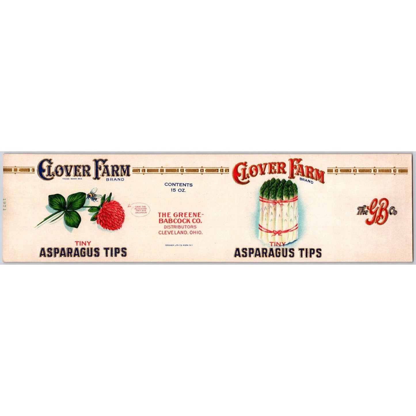 Tiny Asparagus Tips Clover Farm Greene-Babcock Paper Can Label c1930's VGC