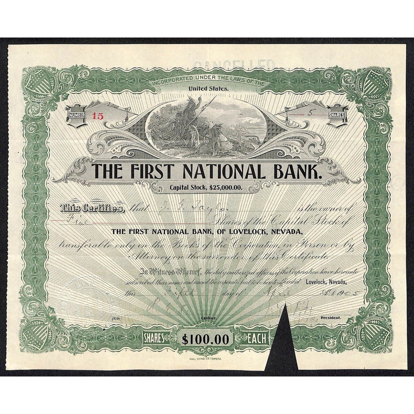 First National Bank of Lovelock, NV 1905 Stock Certificate to J.G. Taylor ?