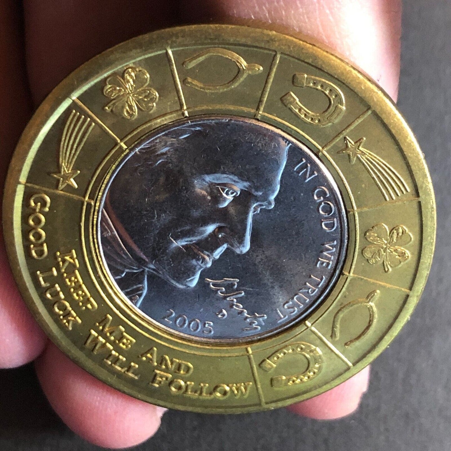 Jerry Adams Collector* Encased 2005 Buffalo Bimetallic Brass Good Luck Token