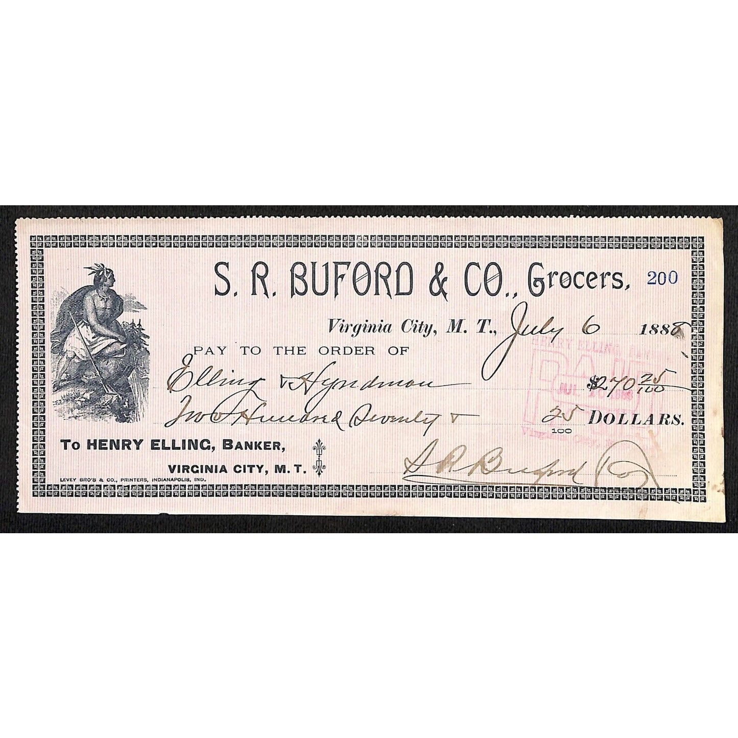 1888 Henry Elling Virginia City Montana Territory S.R. Buford Grocers Check #200