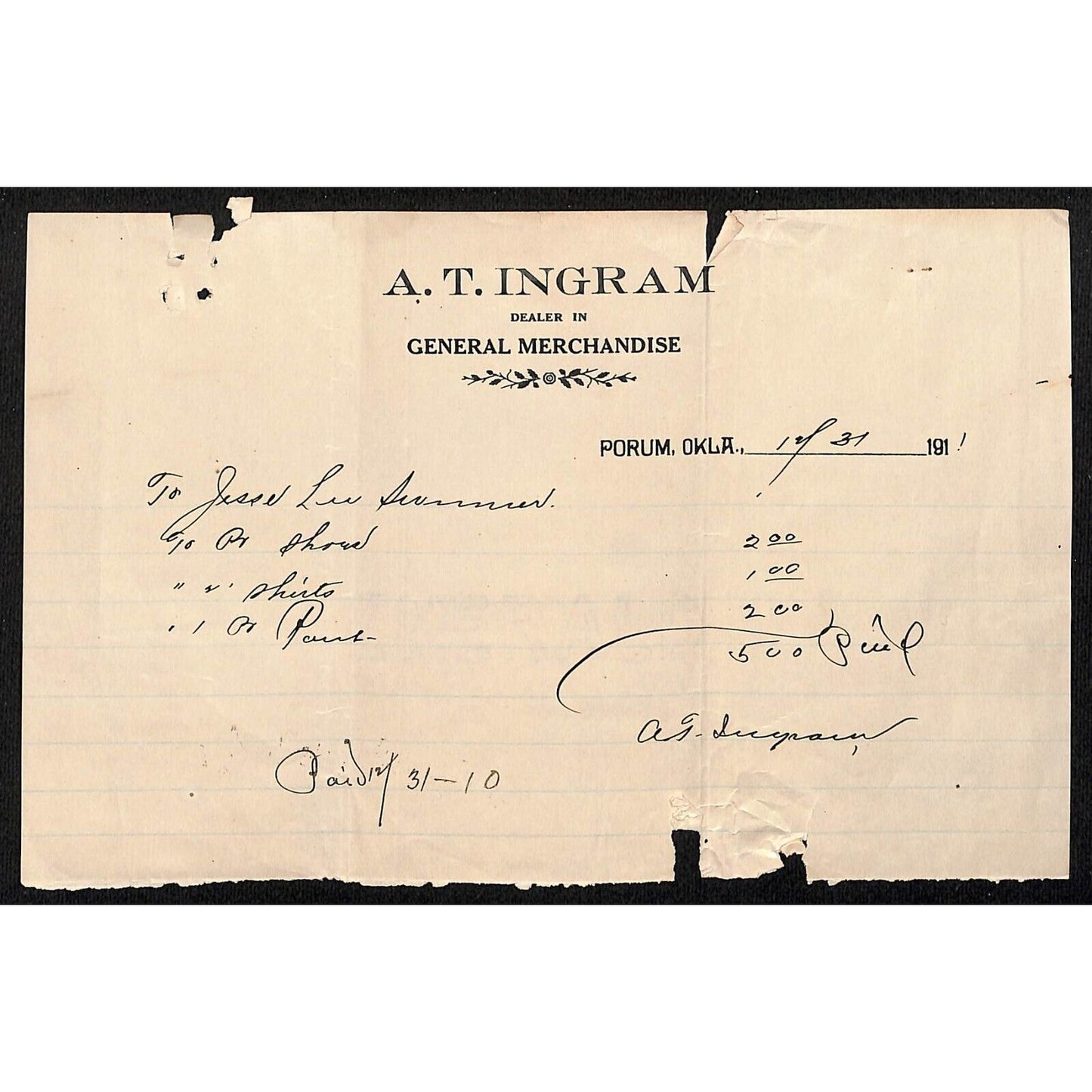 A.T. Ingram General Merchandise Porum Oklahoma 1911 Billhead Statement