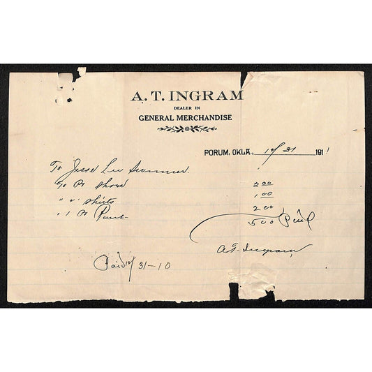 A.T. Ingram General Merchandise Porum Oklahoma 1911 Billhead Statement