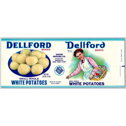 Dellford Brand Small Whole White Potatoes Brooklyn Paper Can Label c1974 VGC
