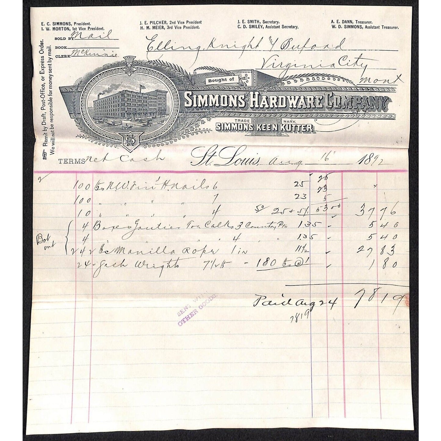 St. Louis Simmons Hardware Keen Kutter 1892 Buford / Elling Billhead