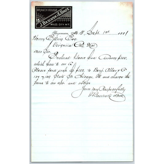J. Basinski & Bros. Bozeman, MT (Dry Goods) 9/1 1881 Letterhead Henry Elling*