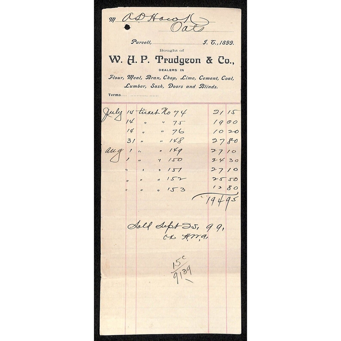 W.H.P. Trudgeon & Co. Flour Purcell Indian Territory Oklahoma 1899 Billhead