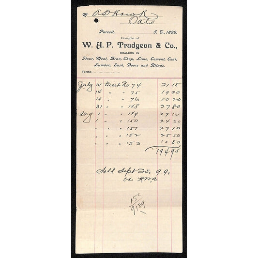 W.H.P. Trudgeon & Co. Flour Purcell Indian Territory Oklahoma 1899 Billhead