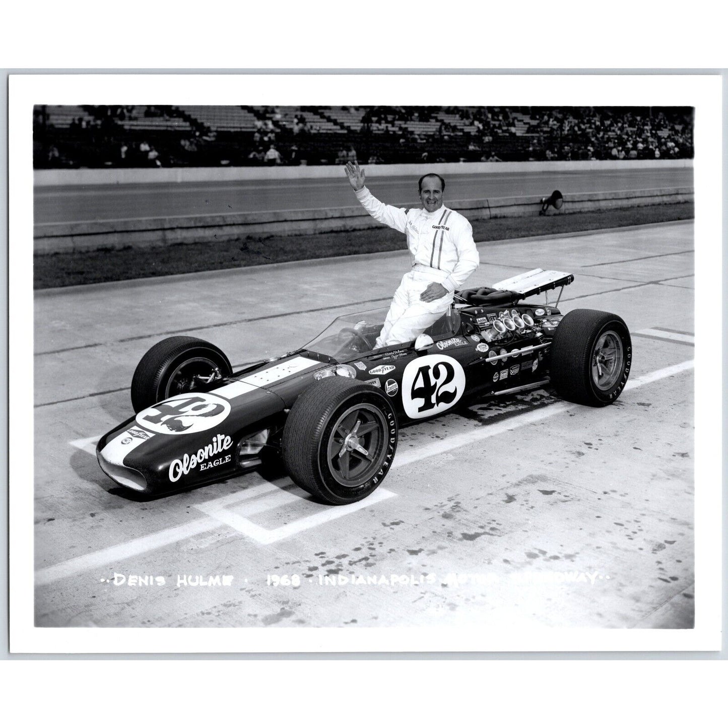 Denis Hulme #42 1968 Indianapolis Motor Speedway 8" x 10" Photo IMS Stamp VGC