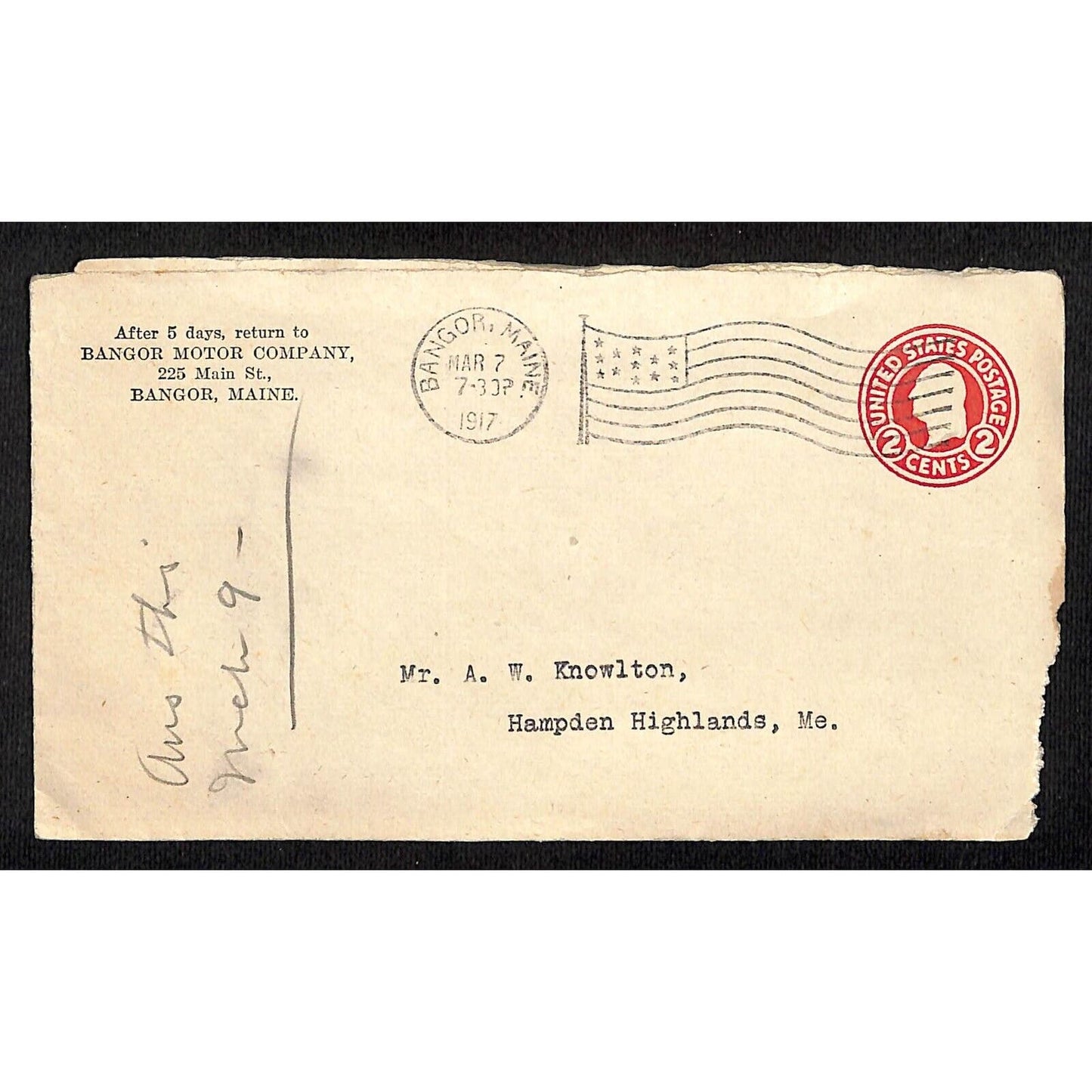 Bangor, ME Bangor Motor Company 1917 Advertising Cover Envelope