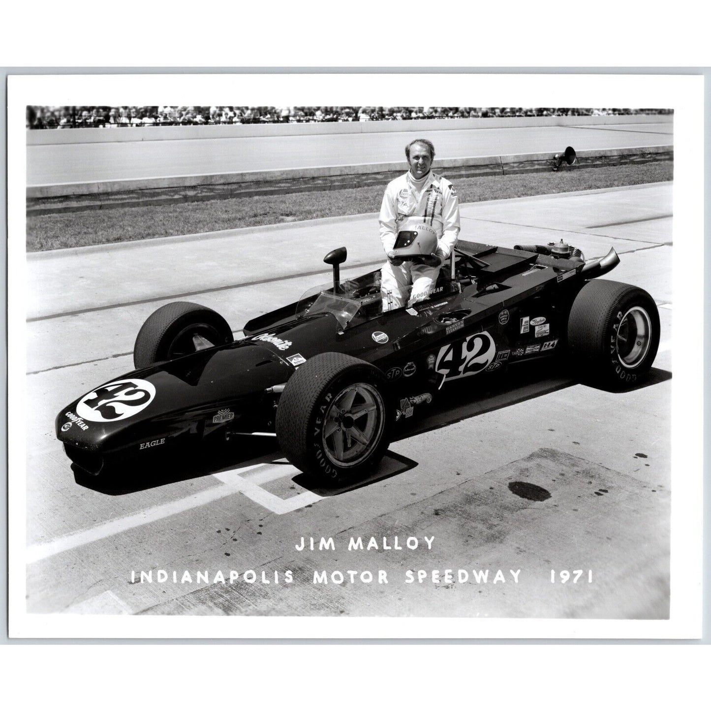 Jim Malloy #42 1971 Indianapolis Motor Speedway 8" x 10" Photo IMS Stamp VGC