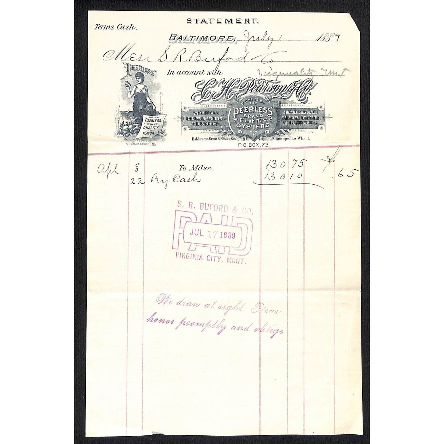 Baltimore, MD L.H. Pearson Co. Oysters 1889 Billhead / Statement to Buford*