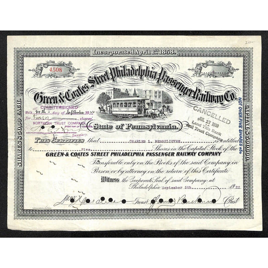 Green & Coates Street Philadelphia Passenger RY 1922 Stock Certificate #4508