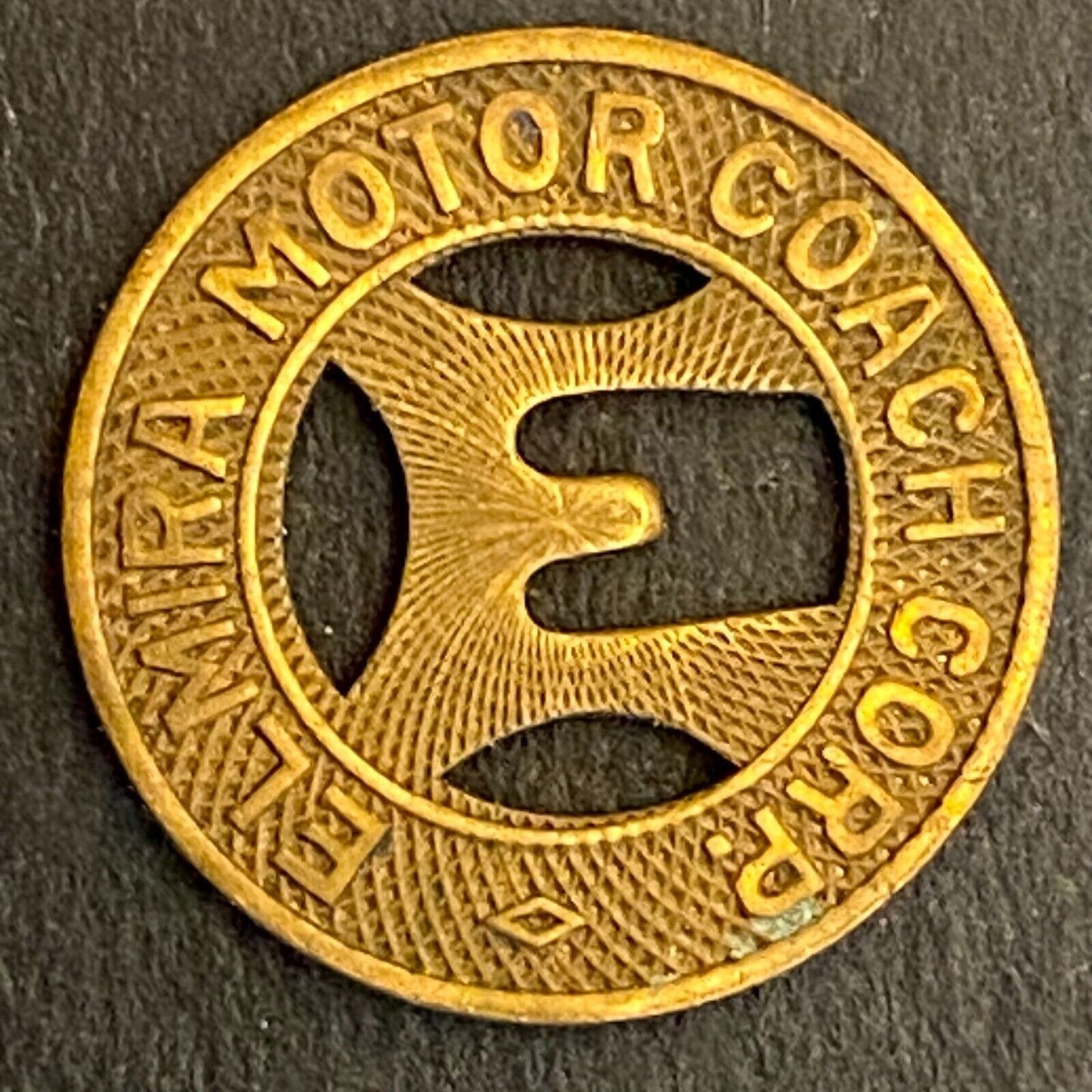 Elmira Motor Coach Corp. G/F One Fare Transit Token 16mm c1949 (#2)