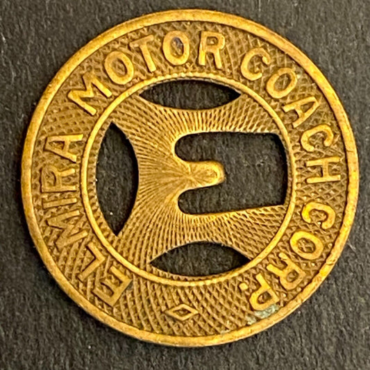 Elmira Motor Coach Corp. G/F One Fare Transit Token 16mm c1949 (#2)