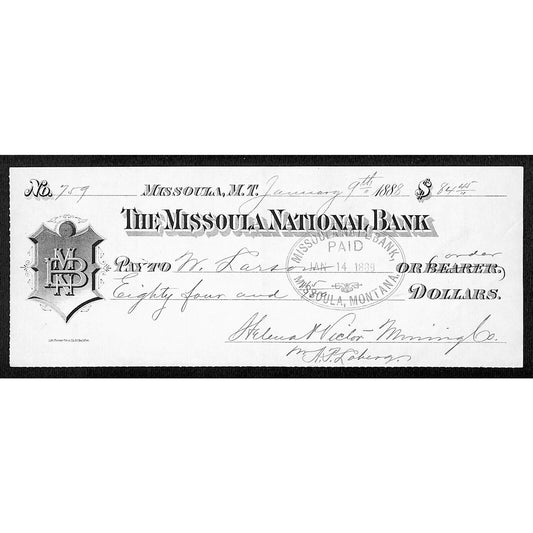 1888 Missoula National Bank Montana Territory Check Helena & Victor Mining #759