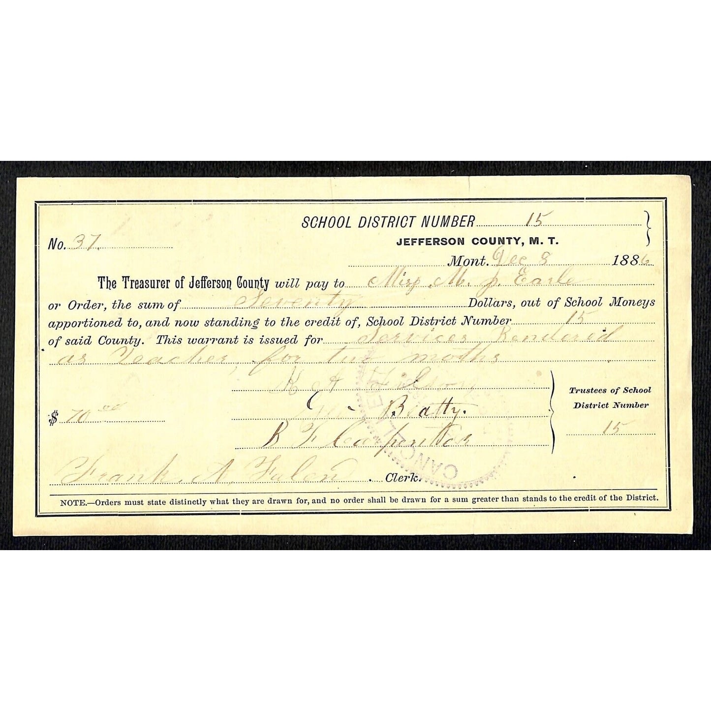 1886 Jefferson County Montana Territory School Warrant Rendered as Teacher