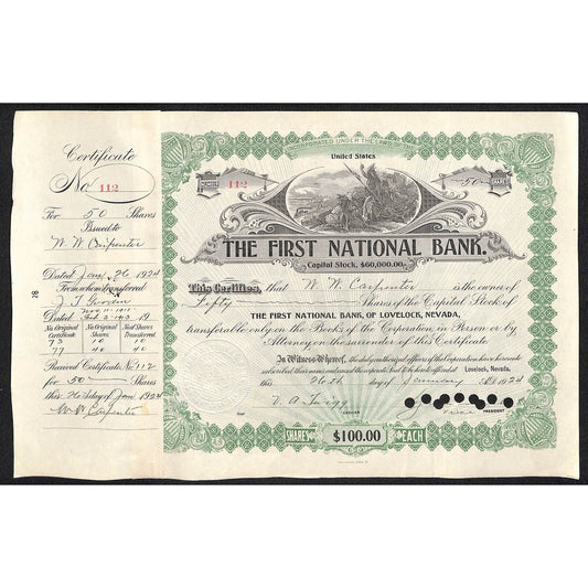 First National Bank of Lovelock, NV 1924 Stock Certificate to W.W. Carpenter *