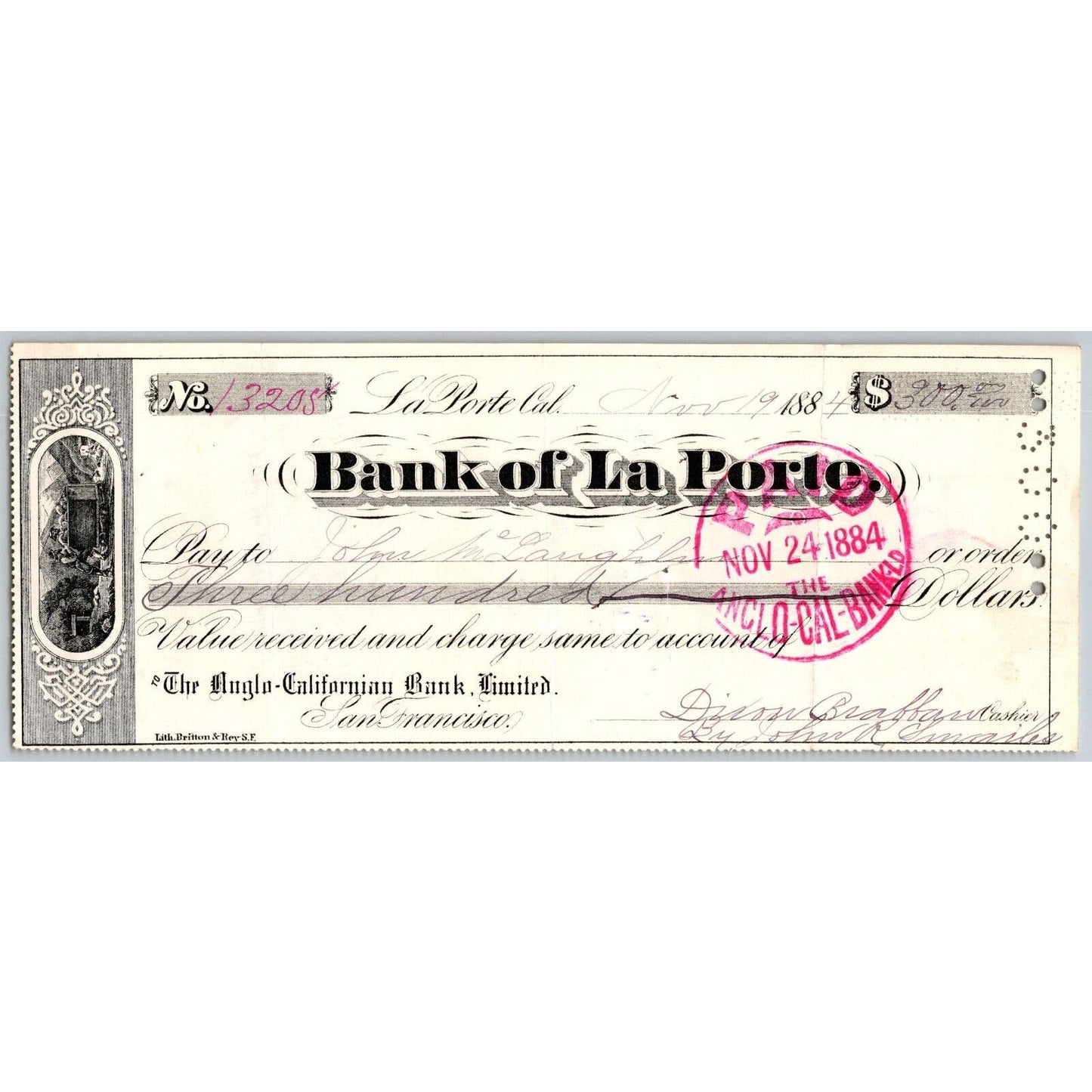 Bank of La Porte Check John McLanghlin 1884 Mining Vignette #13208