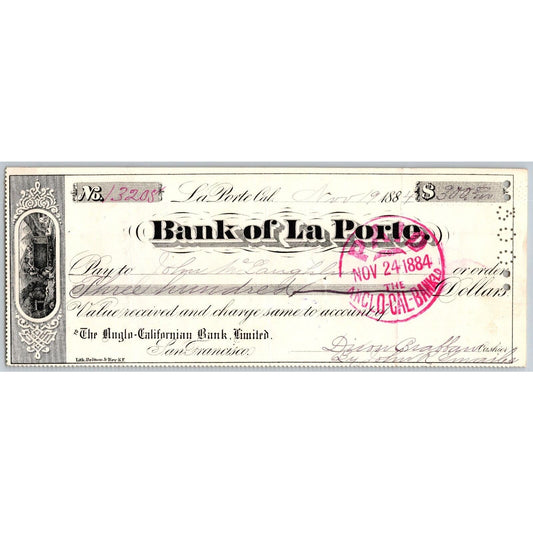 Bank of La Porte Check John McLanghlin 1884 Mining Vignette #13208
