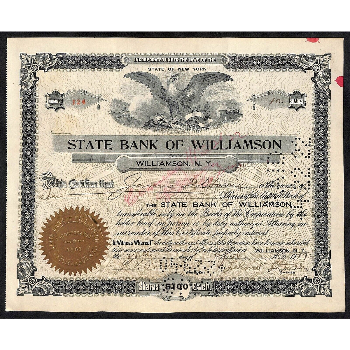 State Bank of Williamson NY 1917 Stock Certificate James D. Harris ? Scarce