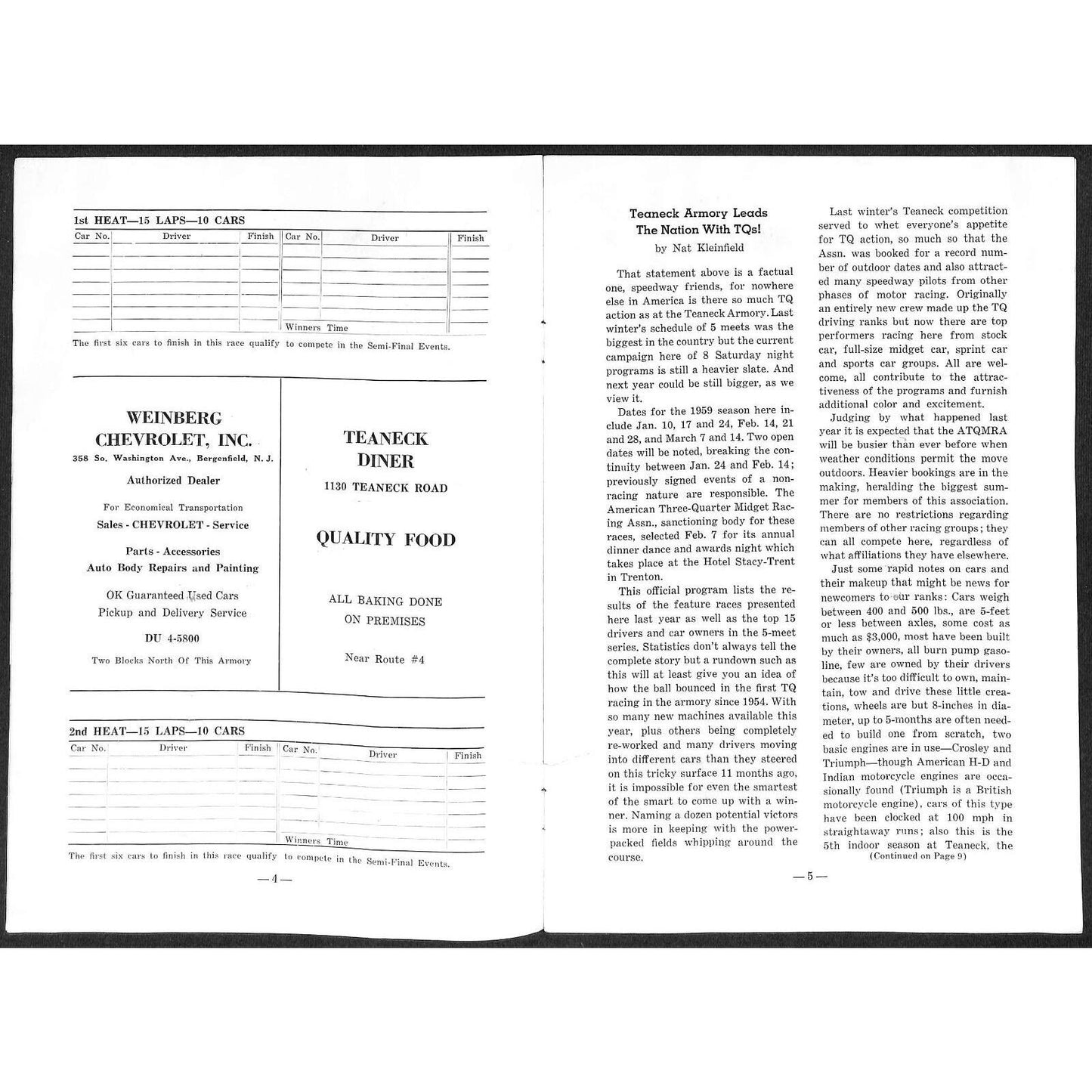 Teaneck Armory 1959 Season Sat Night Midget Race Auto Racing Program 8pp* Scarce