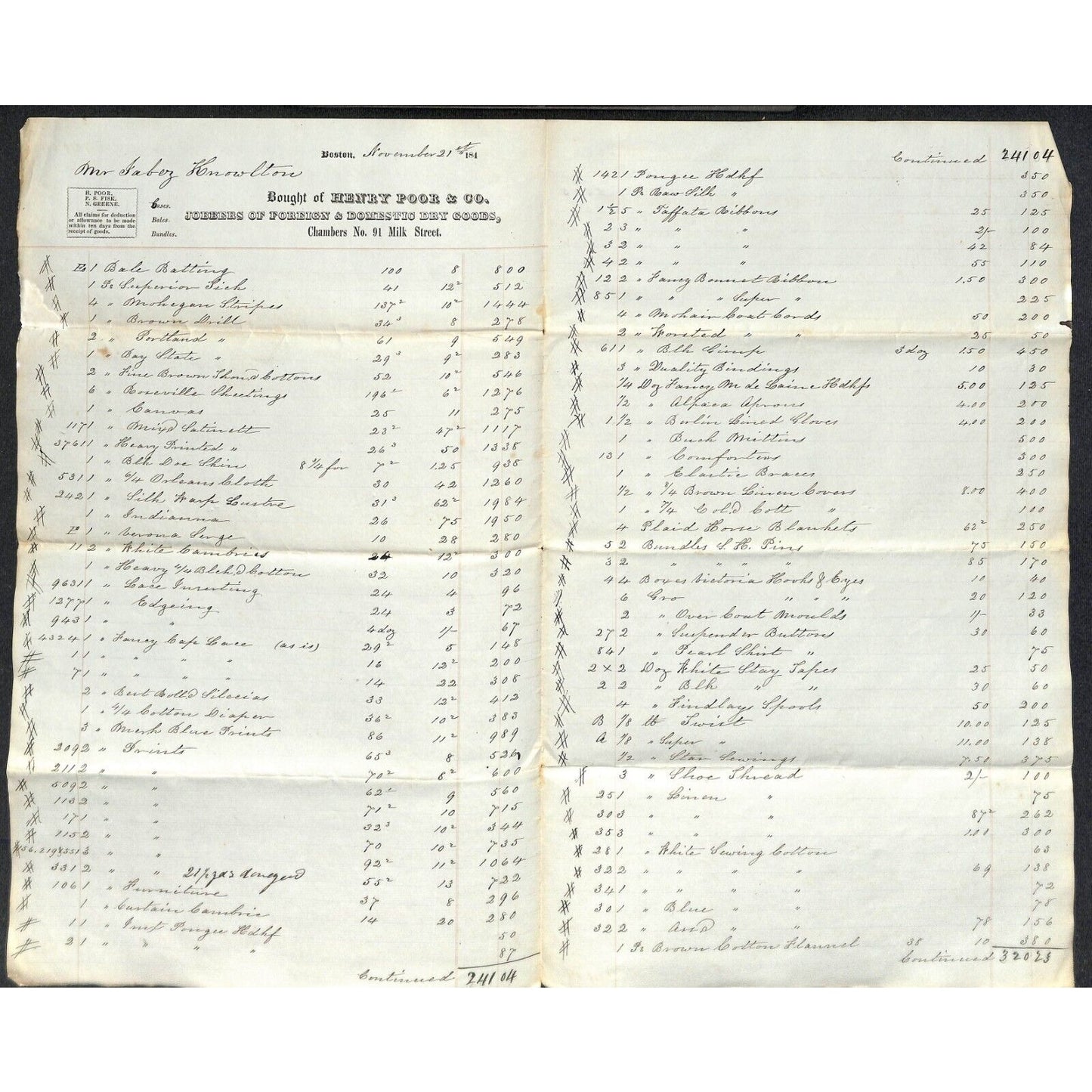 c1844 Jabez Knowlton* Newburgh, ME Henry Poor & Co. Dry Goods Boston Billhead