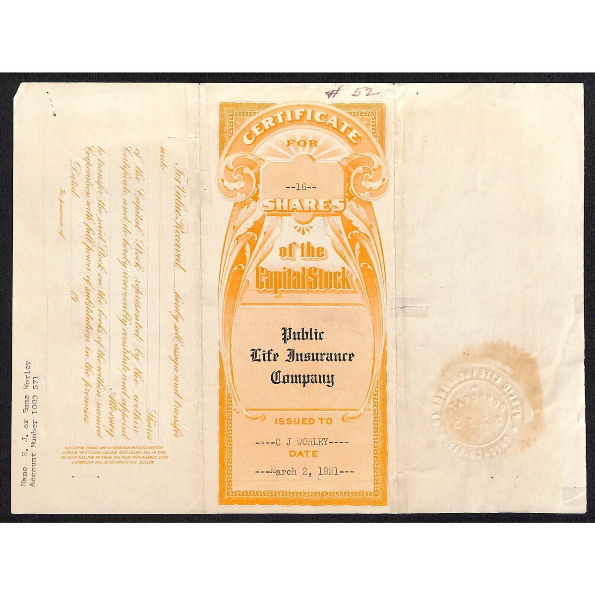 Public Life Insurance Co. Illinois 1921 Stock Certificate C.J. Worley