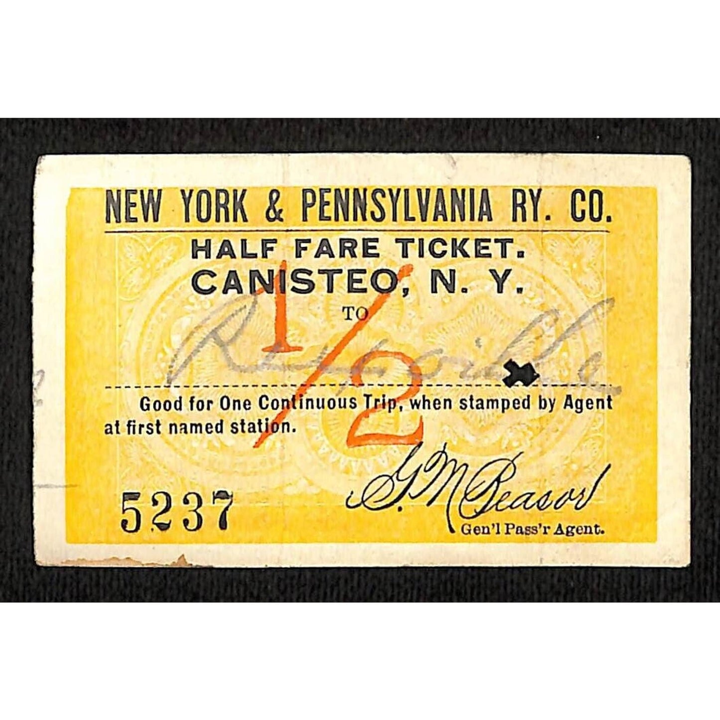 New York & Pennsylvania Railroad RY July 19 1917 Rexville Ticket #5237