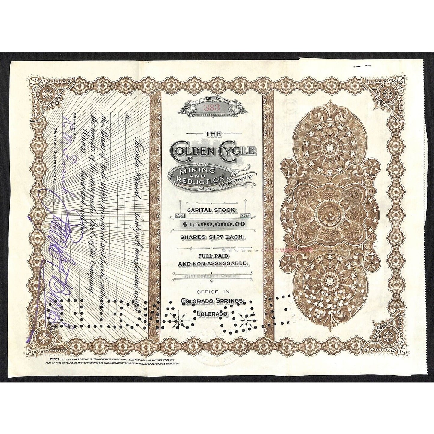 Golden Cycle Mining 1915 Stock Certificate w/ James F. Burns Sig. #383