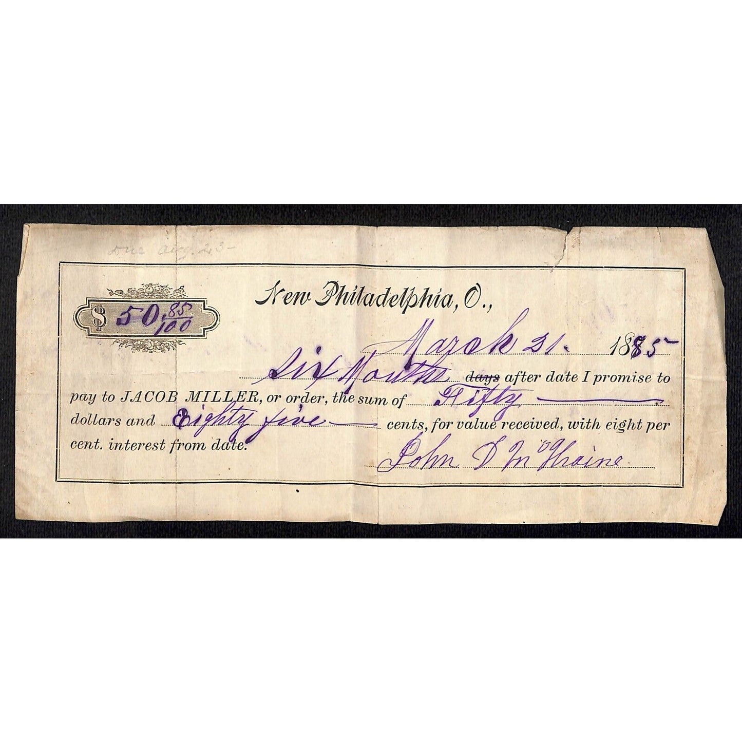Jacob Miller New Philadelphia, OH 1885 Promissory Note $50.85 @ 8% Interest