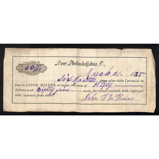Jacob Miller New Philadelphia, OH 1885 Promissory Note $50.85 @ 8% Interest