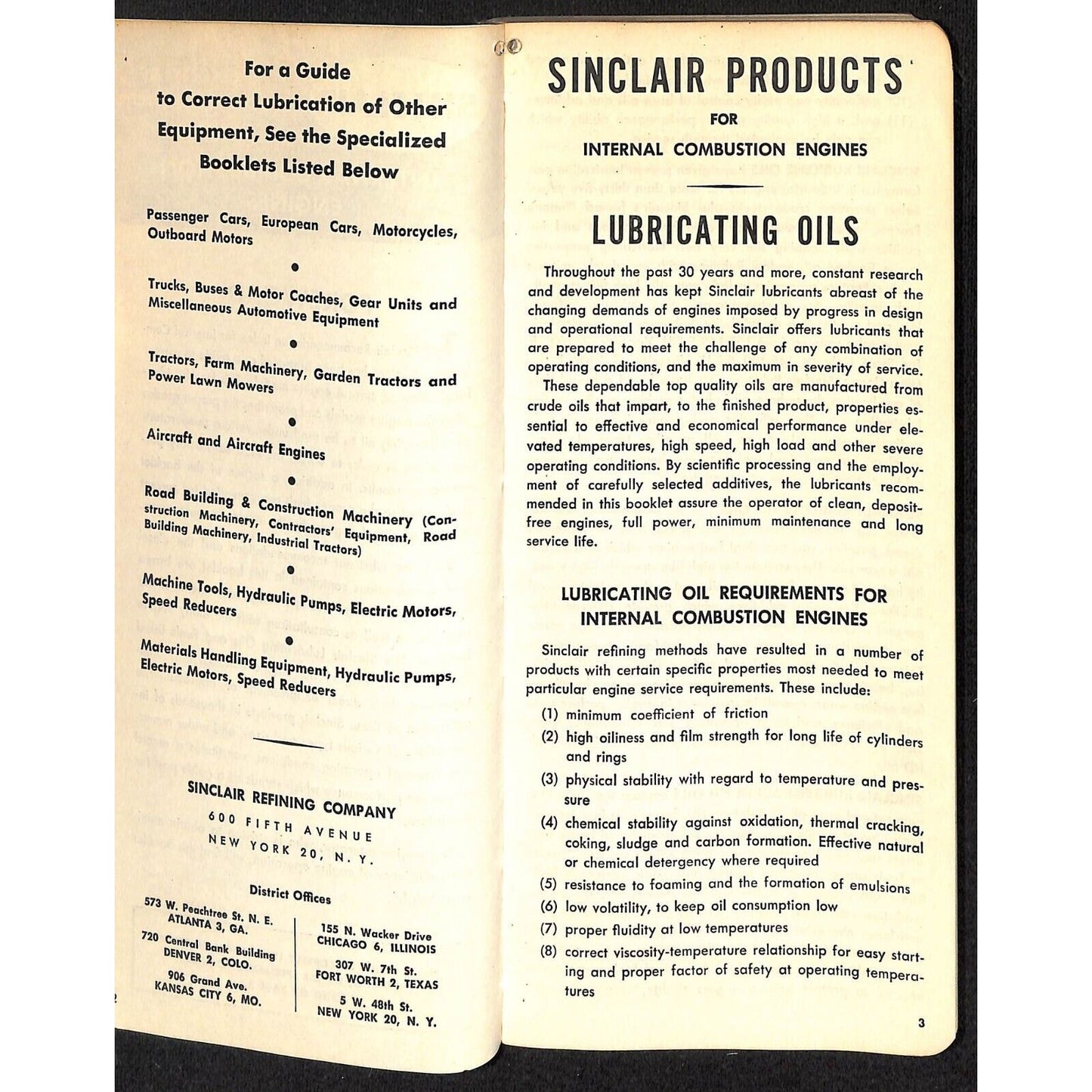 Sinclair Refining Lubrication of Several Types of Engines 1954 Booklet 140pp