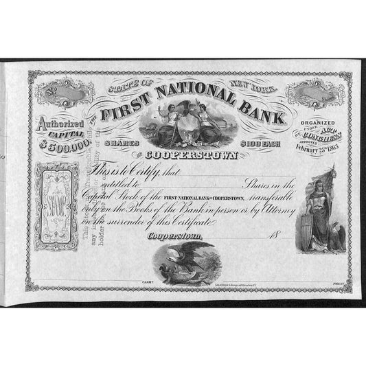 First National Bank Cooperstown, NY c1860's Stock Certificate Unissued VGC