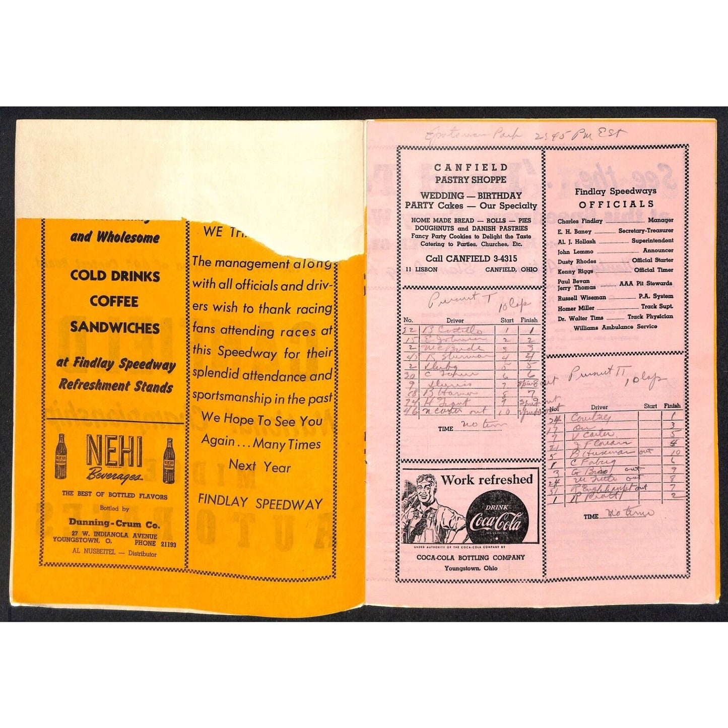 Canfield Speedway Midget Auto Racing Program AAA Duane Carter / Cal Nidy c1949