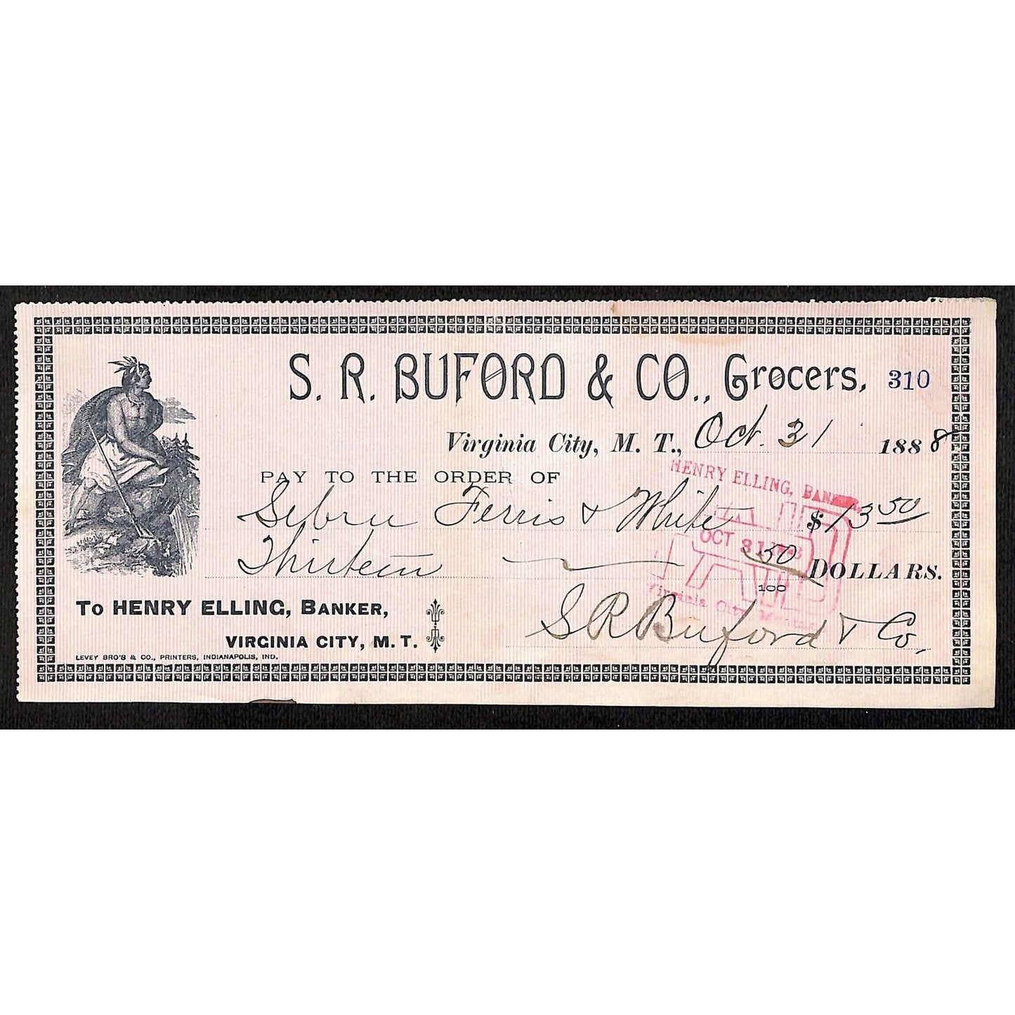 1888 Henry Elling Virginia City Montana Territory S.R. Buford Grocers Check #310