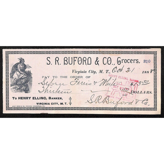 1888 Henry Elling Virginia City Montana Territory S.R. Buford Grocers Check #310