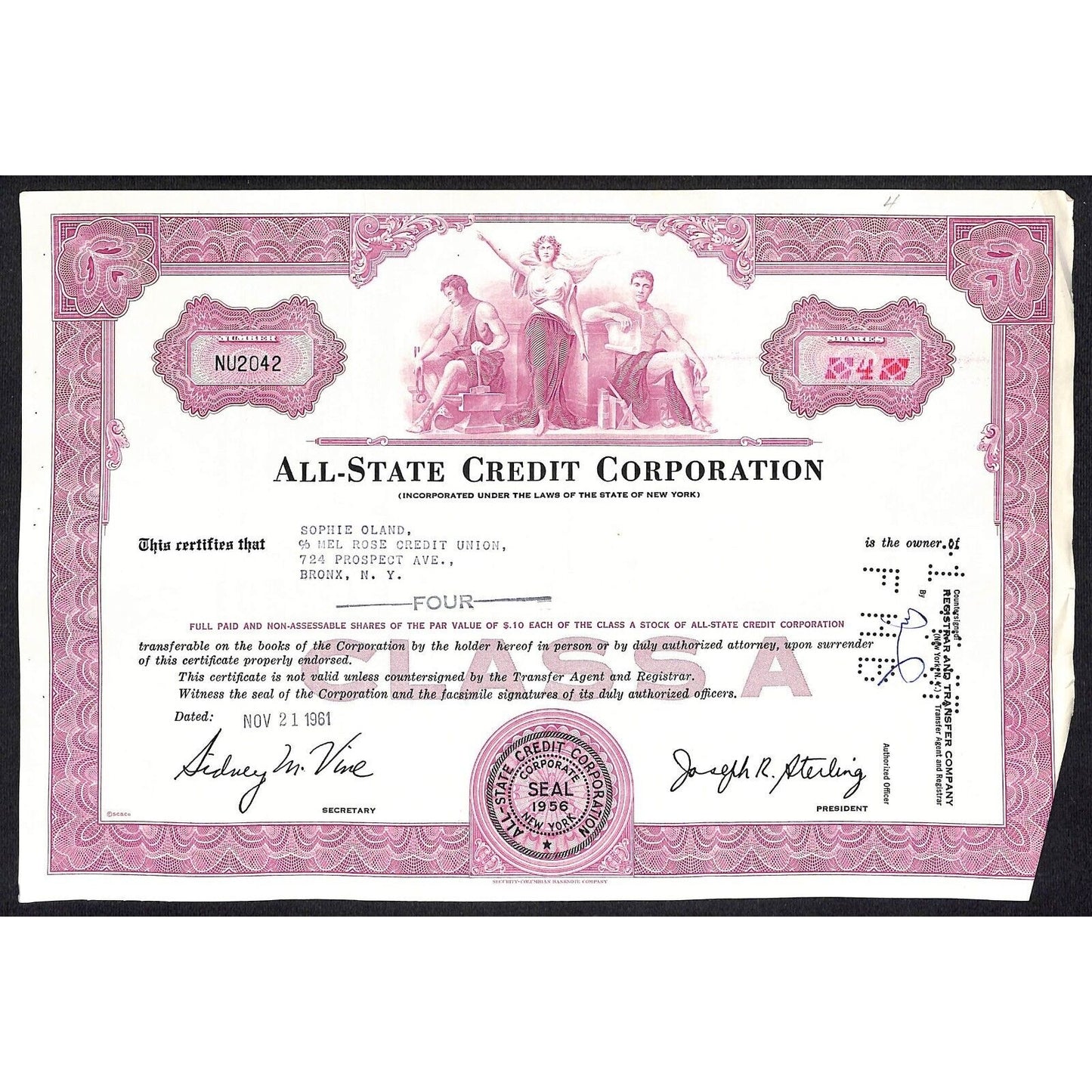 All State Credit Corporation NY 1961 Stock Certificate Sophie Oland