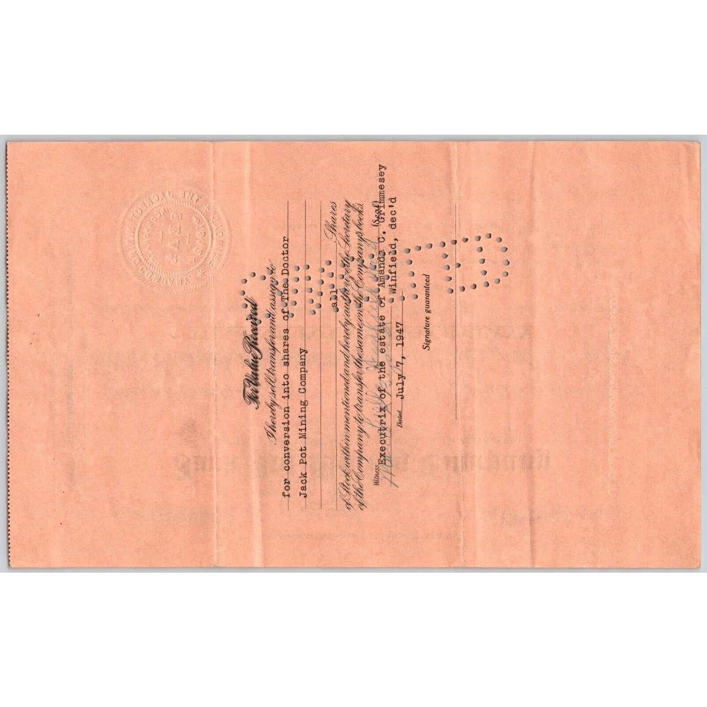 Jack Pot Mining Co. 1912 Stock Certificate Cripple Creek District #114