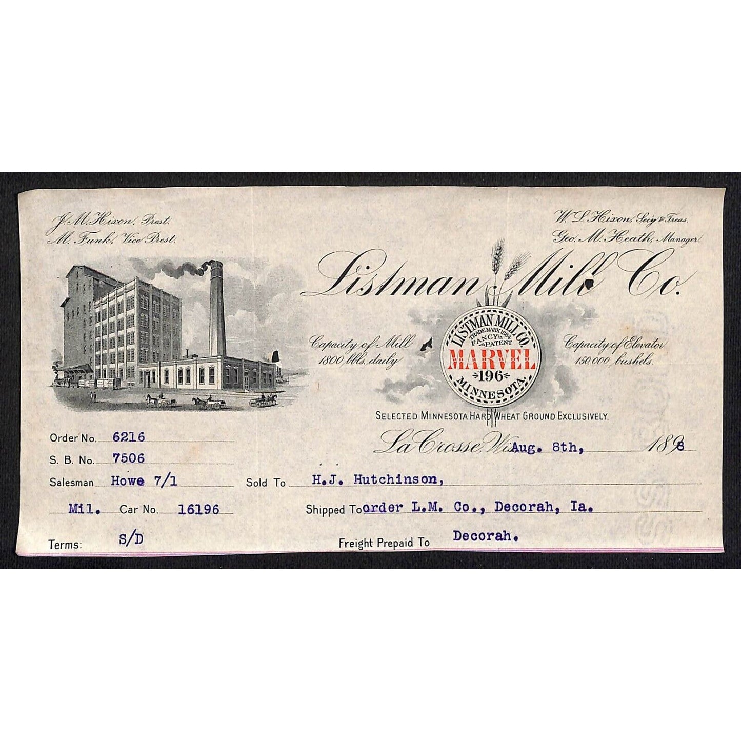 Listman Mill Co. Marvel Flour La Crosse, WI Hutchinson* 1898 Billhead Scarce