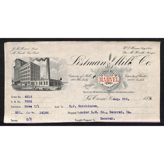 Listman Mill Co. Marvel Flour La Crosse, WI Hutchinson* 1898 Billhead Scarce