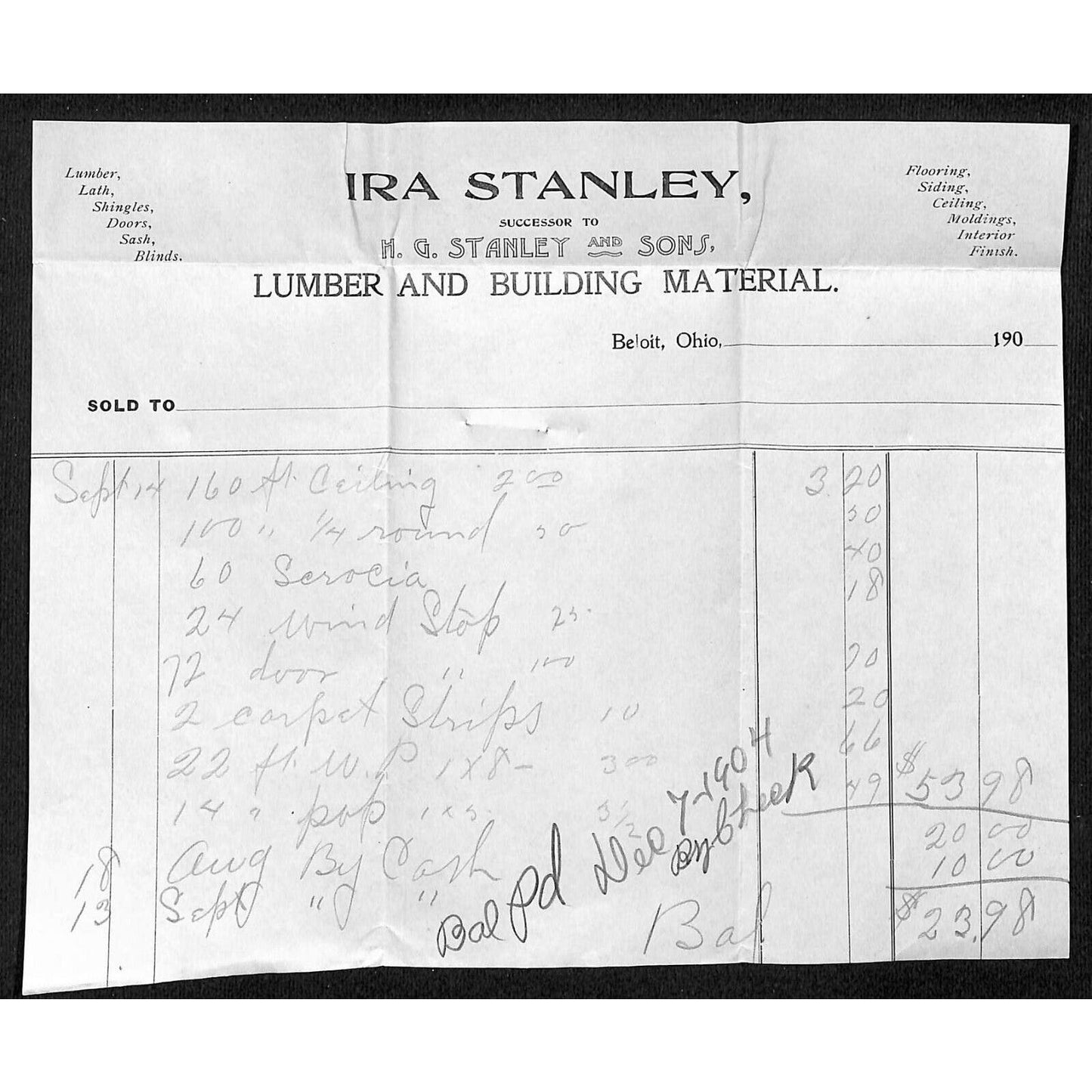Ira Stanley Lumber Beloit, OH 1904 Billhead / Statement