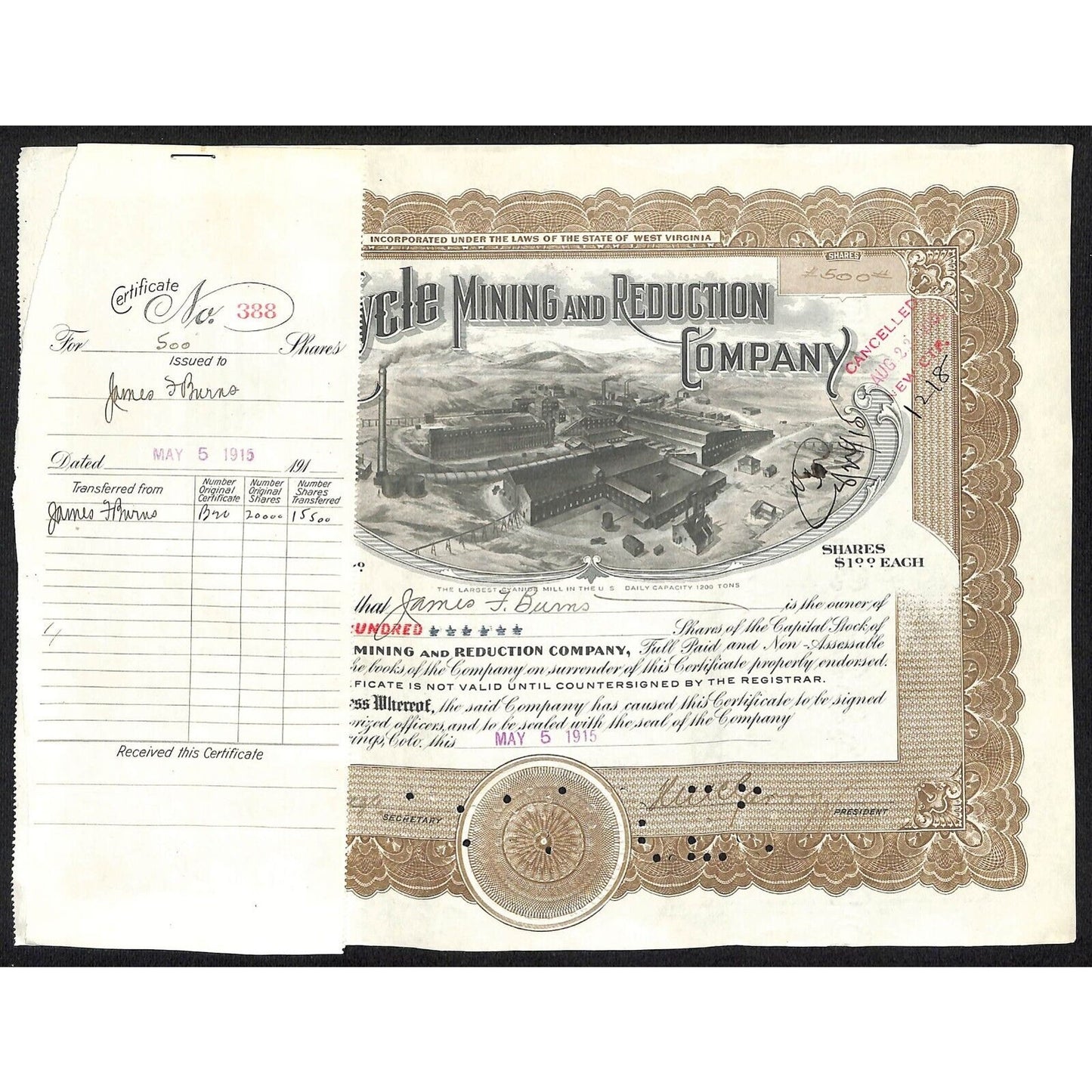 Golden Cycle Mining 1915 Stock Certificate w/ James F. Burns Sig. #388