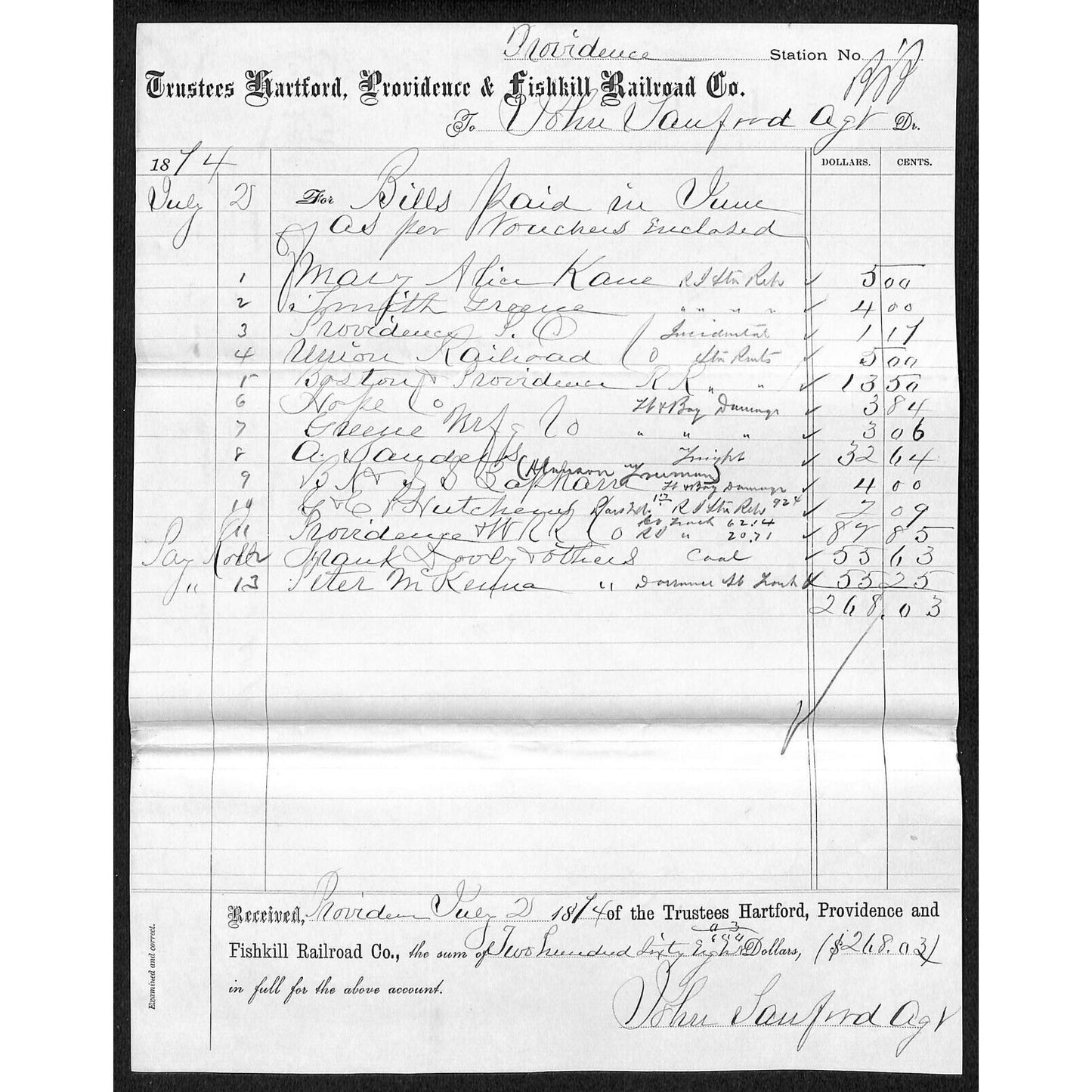 Hartford Providence Fishkill Railroad March 1874 "Charge" "Bills Paid" Sheet