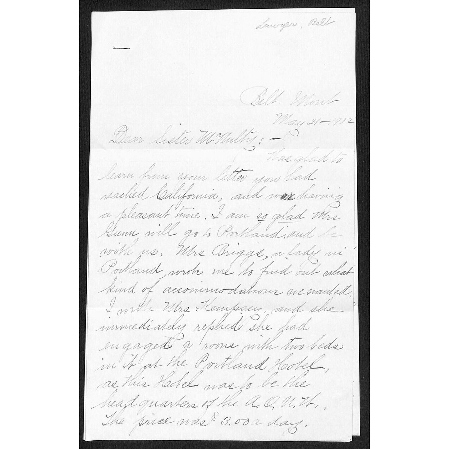 1912 3pp ALS to Sister from Belt, MT re: Hotel Stay, Sick Husband & Traveling VG