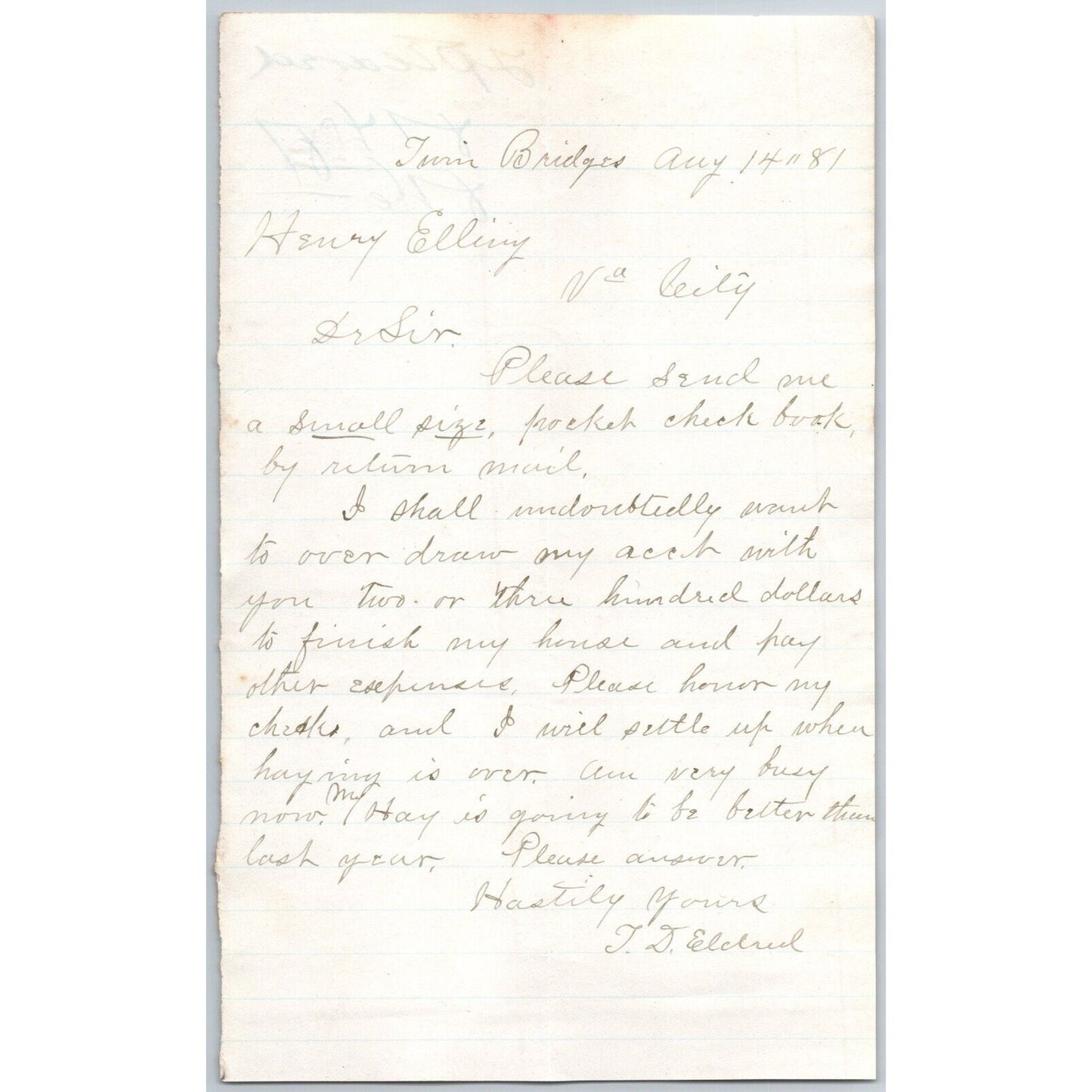 1881 ALS to Henry Elling* "..Send a Small Size, Pocket Check Book..& Overdraw"