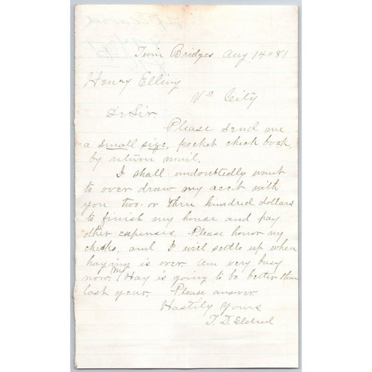 1881 ALS to Henry Elling* "..Send a Small Size, Pocket Check Book..& Overdraw"