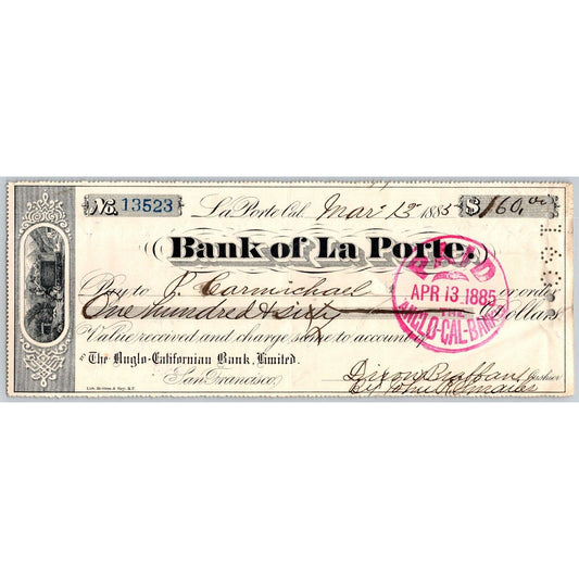 Bank of La Porte Check Peter Carmichael 1885 Mining Vignette #13523