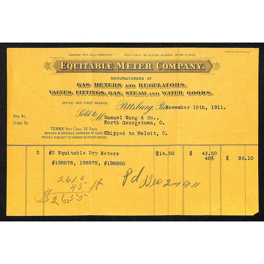 Equitable Meter Co. Pittsburg 1911 Billhead Samuel Wang* N. Georgetown OH