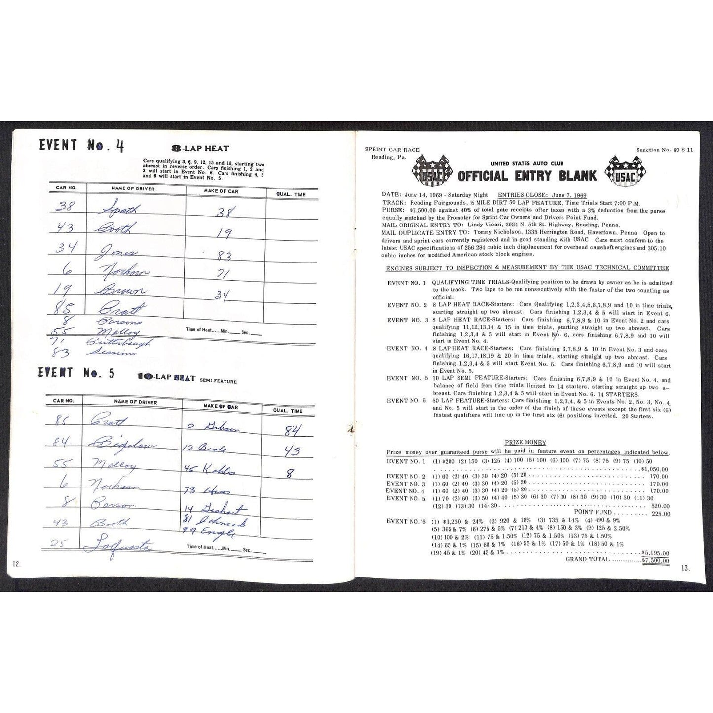 Reading Fairgrounds 1969 USAC Auto Races Program Sprint Car 12pp* Scarce